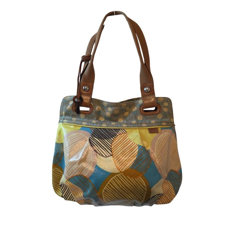 Fossil Key Per Purse Hand Bag Coated Canvas Tote Leather 13x14x4 Inches EUC